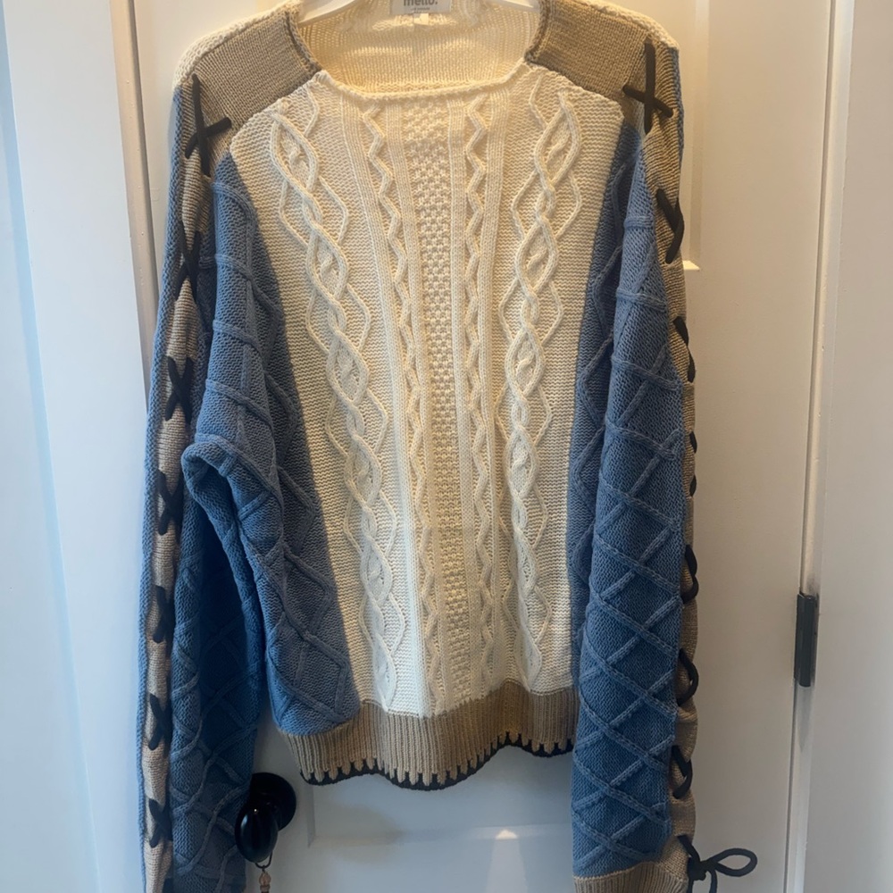 MELLODAY Cable Knit Sweater - Cream, Blue, and Brown
